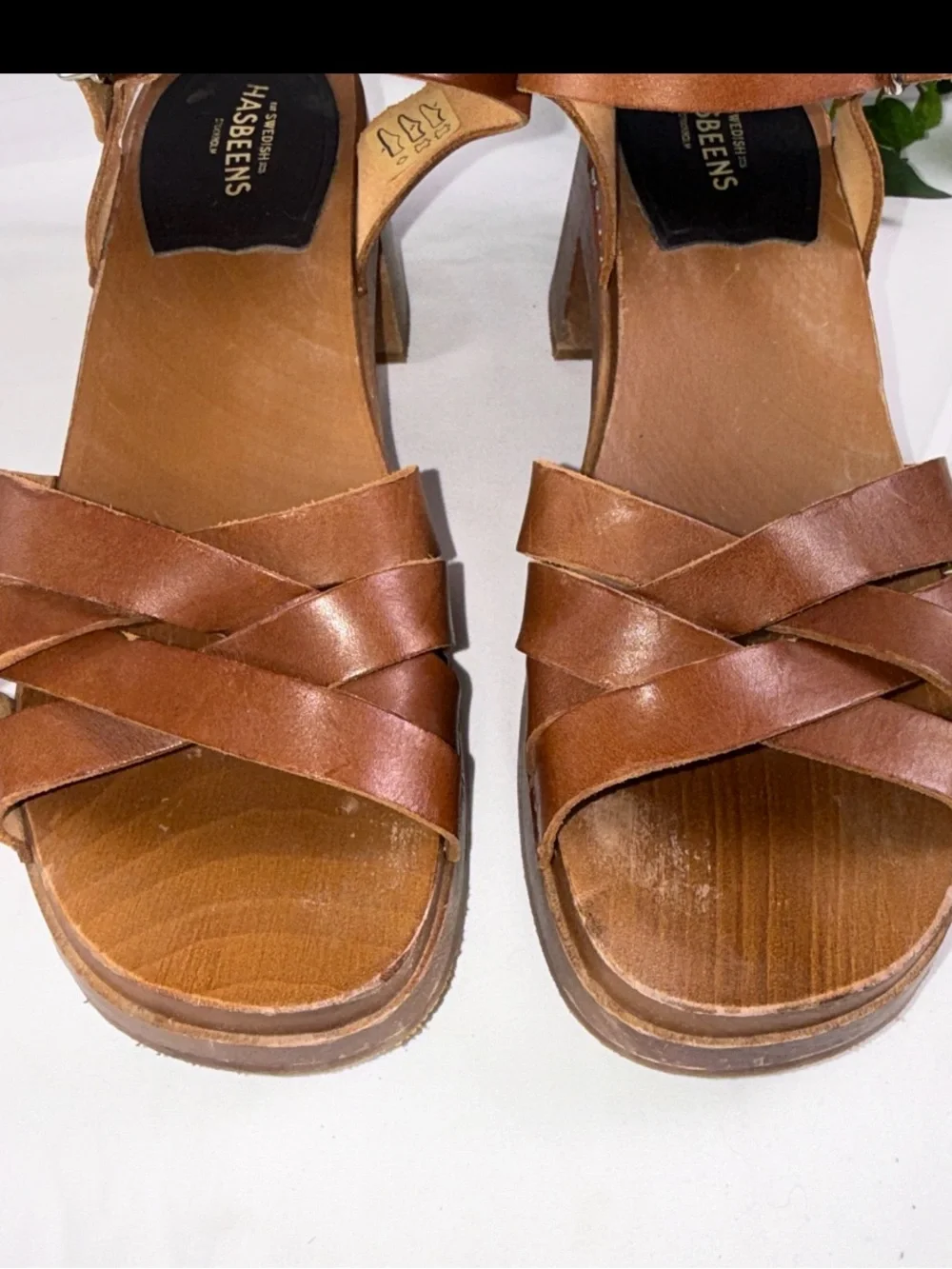 Swedish Hasbeens EU38 Clogs Sandals Cross Strap, Debutante Kringlan Heel Leather